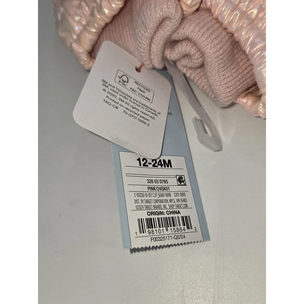 Cat & Jack Baby‎ Girls' Pink Shiny Quilted Foil Heart Extended Wrist Mittens NWT
